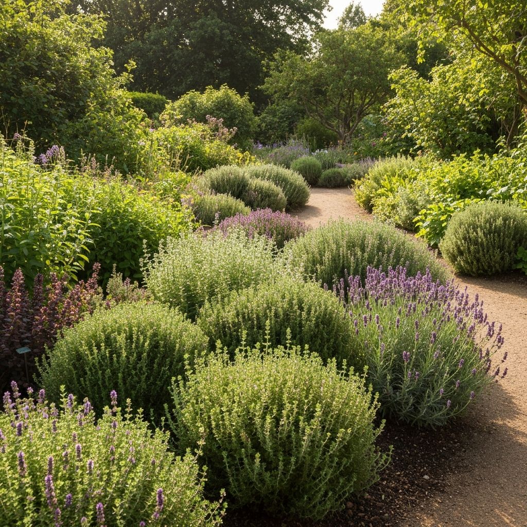 Lush botanical garden with various herb plants