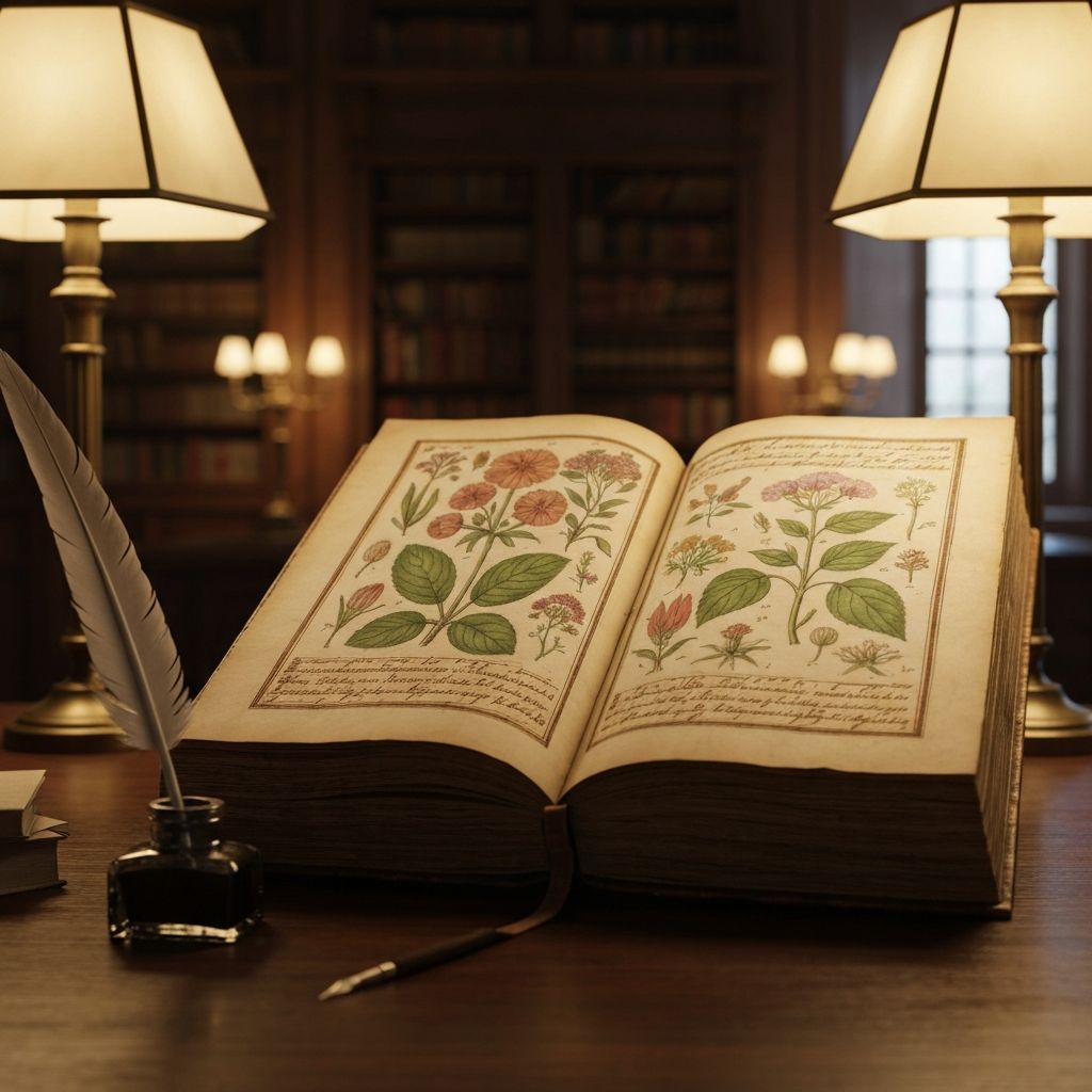 Open herbal book with botanical illustrations